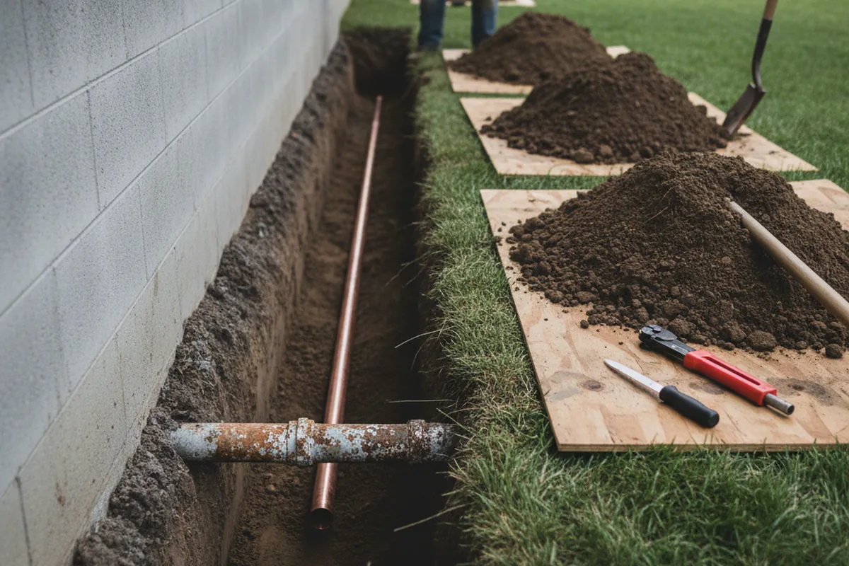 Excavated water line trench during Sewer Line Repair in Ariel